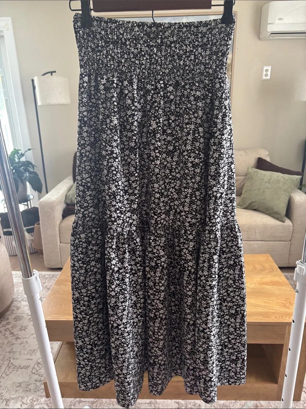 Black Floral Smocked Waist Maxi Skirt With Pockets